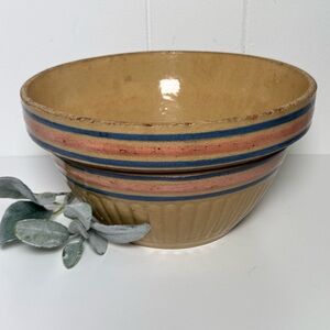 Vintage Yellow Ware Bowl ~ Pink Blue Pale Yellow Large Mixing Bowl ~ Batter Bowl